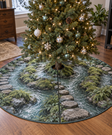 Forest Stream Office Tree Skirt — Professional Woodland Holiday Mat For Office & Reception, Quilted Durable Fabric, Machine-Washable, 60"