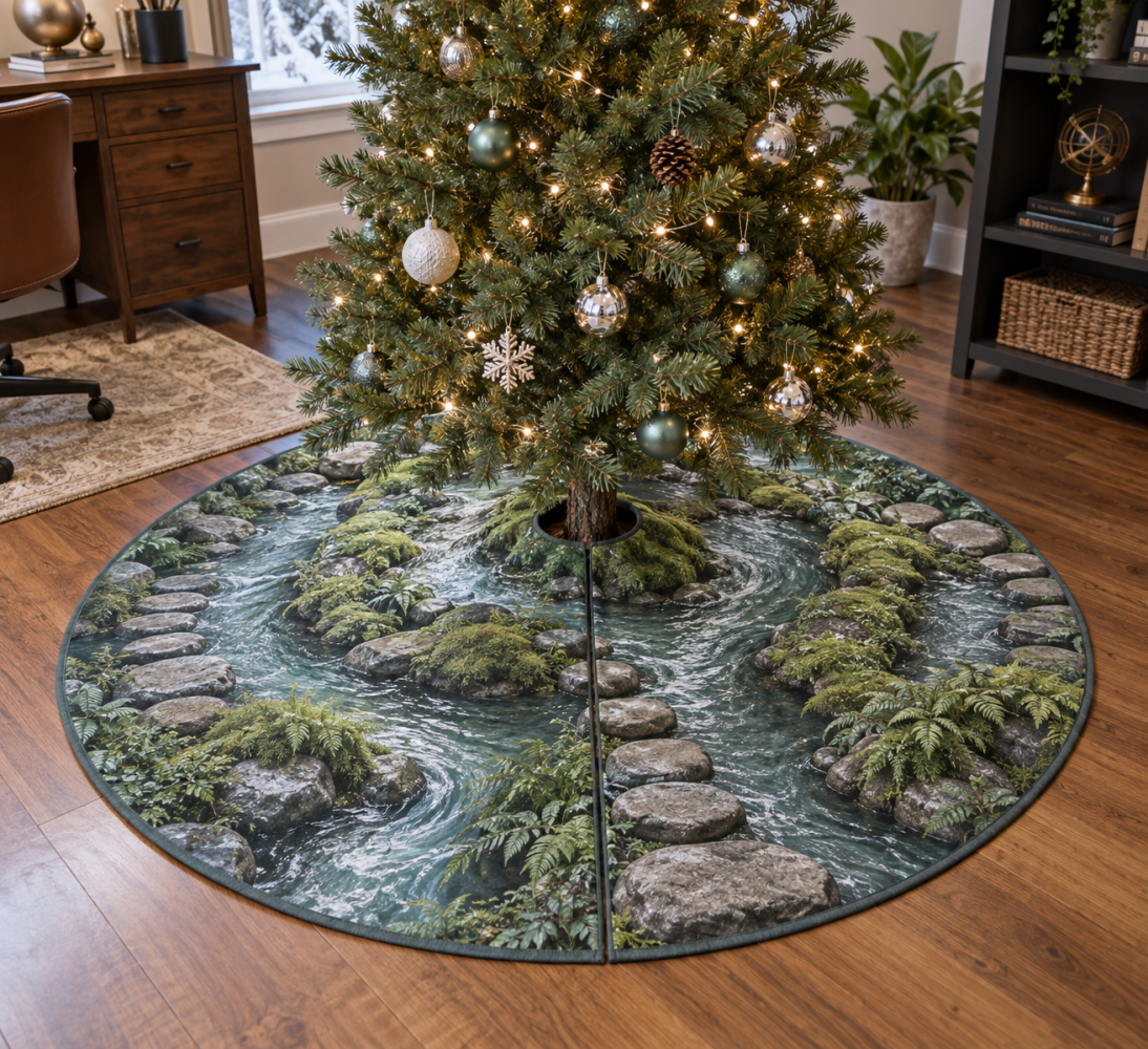 Forest Stream Office Tree Skirt — Professional Woodland Holiday Mat For Office & Reception, Quilted Durable Fabric, Machine-Washable, 60"
