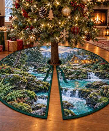 Forest Stream Housewarming Tree Skirt — Welcome Home Woodland Holiday Skirt, Plush Quilted Mat Ideal For Parties & Gifts, 60"