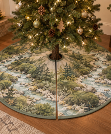 Forest Stream Quiet Corner Tree Skirt — Cozy Rustic Holiday Skirt With Riverbank Motif, Soft Reversible Quilted Design For Home 60"
