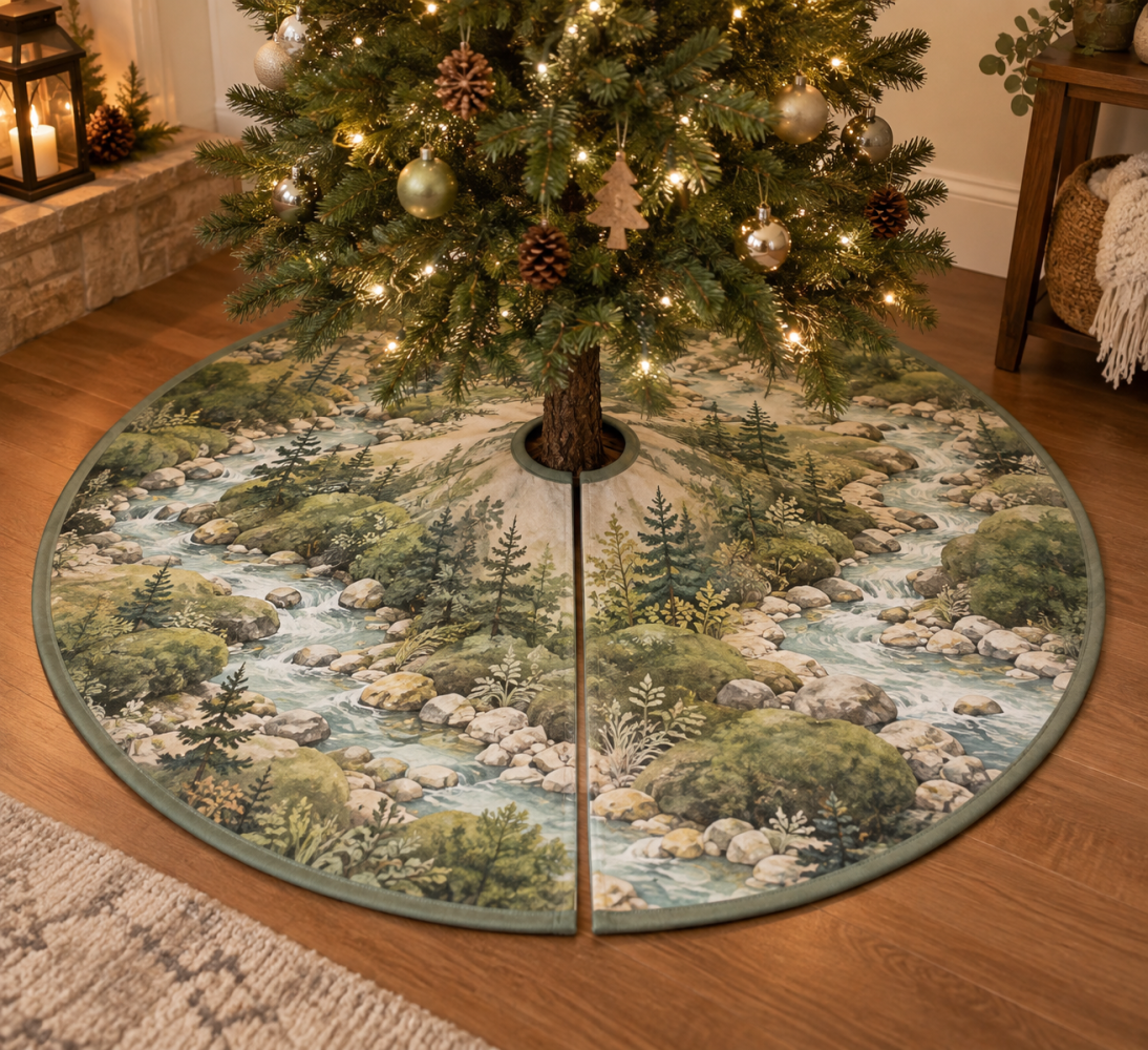 Forest Stream Quiet Corner Tree Skirt — Cozy Rustic Holiday Skirt With Riverbank Motif, Soft Reversible Quilted Design For Home 60"