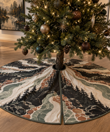 Forest Stream Decorative Holiday Tree Skirt — Luxury Woodland Pine & Stream Design, Soft Quilted 60" Accent