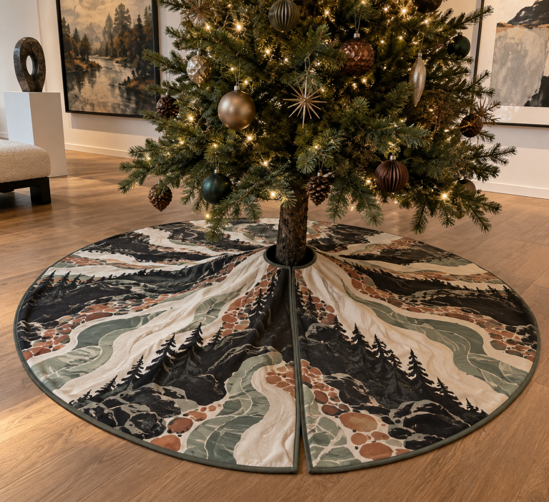 Forest Stream Decorative Holiday Tree Skirt — Luxury Woodland Pine & Stream Design, Soft Quilted 60" Accent
