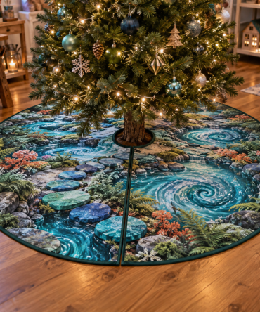 Forest Stream Studio Christmas Tree Skirt — Compact Nature-Themed Skirt For Studios & Small Spaces, Lightweight, Machine-Washable, Scenic Design