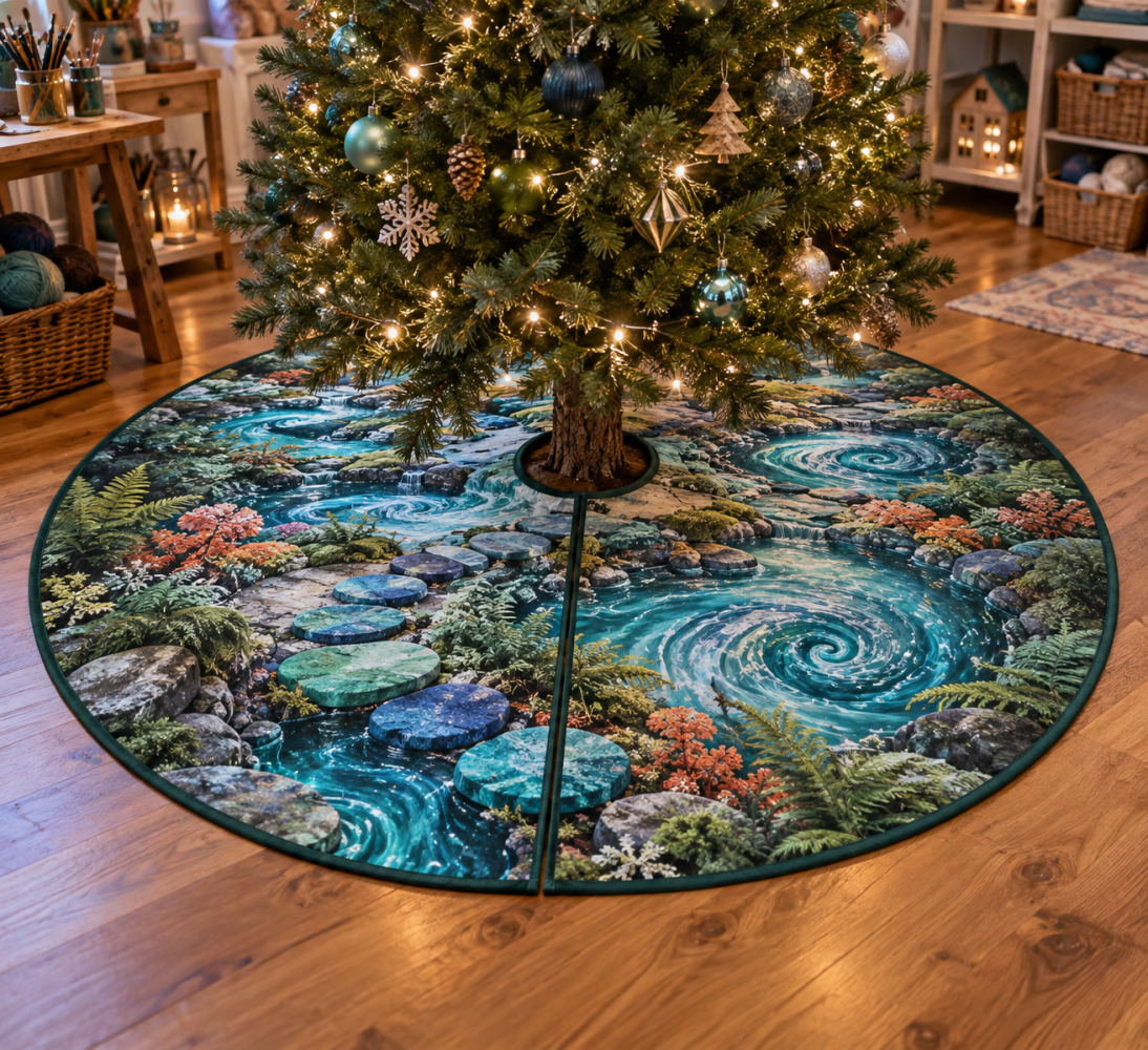Forest Stream Studio Christmas Tree Skirt — Compact Nature-Themed Skirt For Studios & Small Spaces, Lightweight, Machine-Washable, Scenic Design