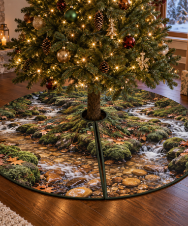 Forest Stream Host Gift Tree Skirt — Nature-Inspired River Motif Christmas Skirt, Premium Fabric, Gift-Ready, Durable & Machine-Washable 48"