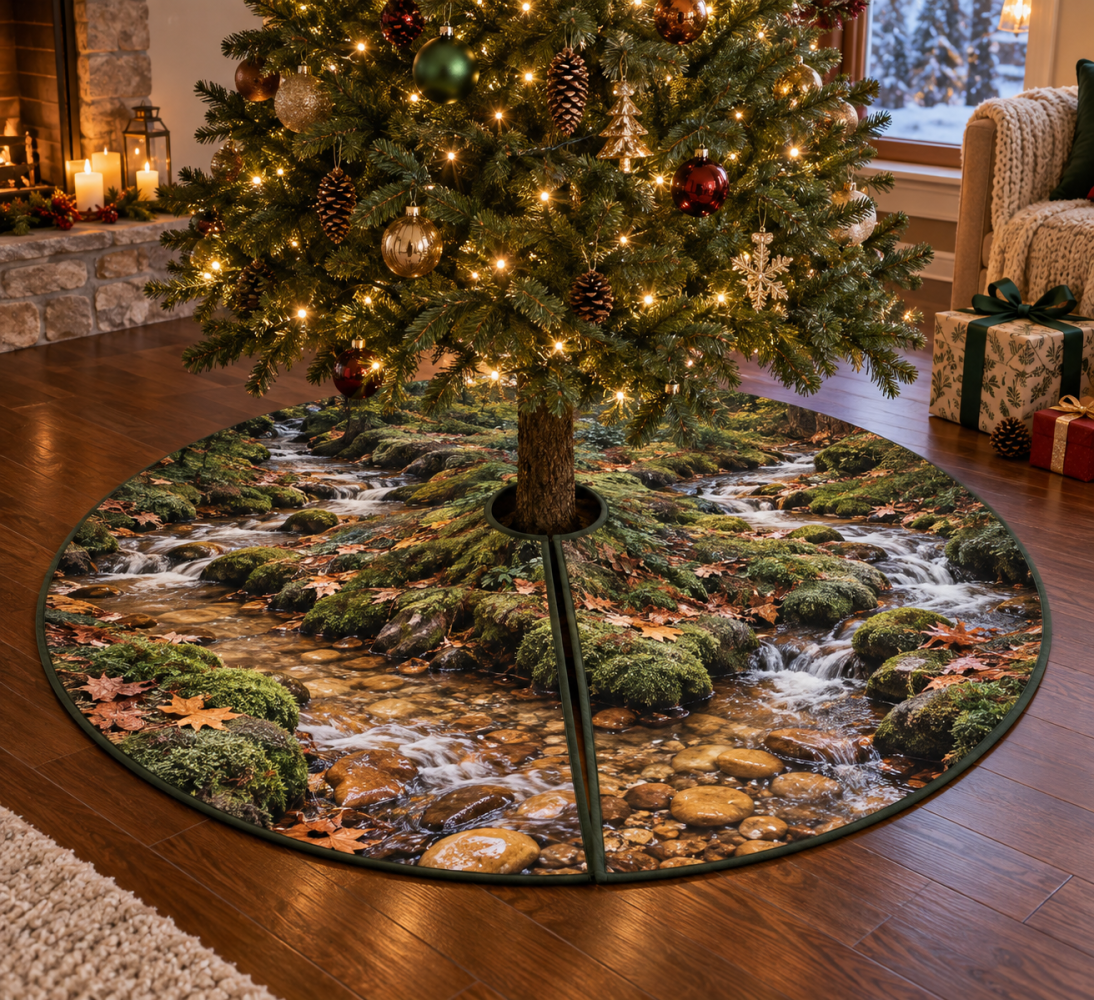 Forest Stream Host Gift Tree Skirt — Nature-Inspired River Motif Christmas Skirt, Premium Fabric, Gift-Ready, Durable & Machine-Washable 48"