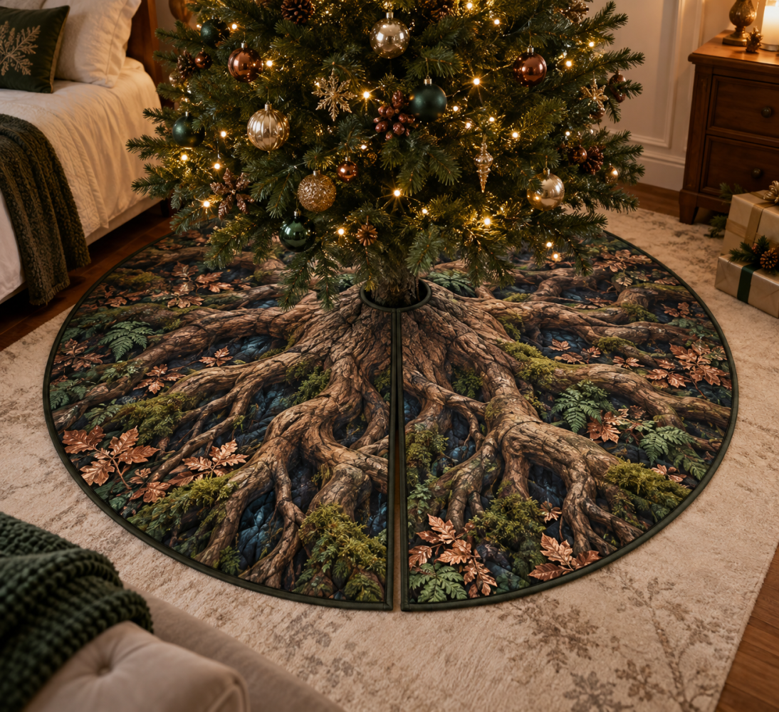 Enchanted Roots Bedroom Tree Skirt — Delicate Botanical Christmas Skirt, Soft Fabric For Intimate Spaces, Compact & Machine-Washable Holiday Accent