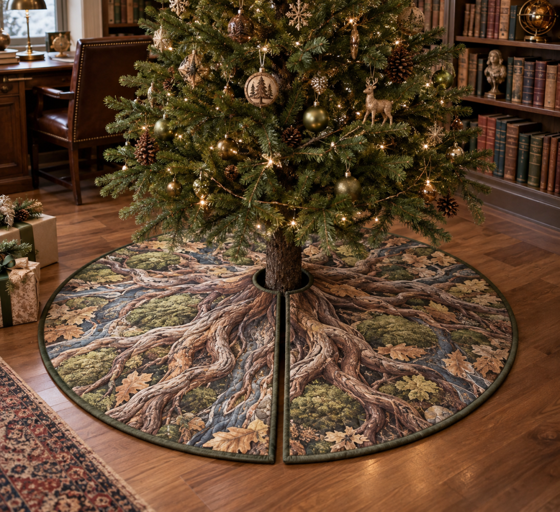Enchanted Roots Home Office Tree Skirt — Stylish Botanical Christmas Skirt For Home Offices, Professional Holiday Decor, Compact & Washable