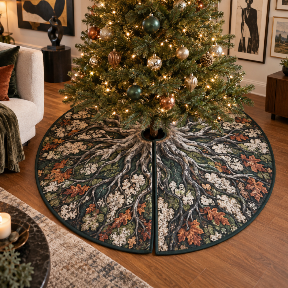 Enchanted Roots Gallery Wall Tree Skirt — Artistic Botanical Christmas Skirt, Curated Holiday Accent For Display Walls & Living Spaces, Premium Finish