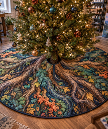 Enchanted Roots Studio Christmas Tree Skirt — Minimal Botanical Holiday Skirt For Modern Studios, Lightweight, Machine-Washable, Stylish Accent