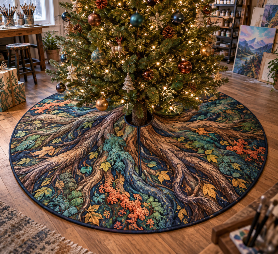 Enchanted Roots Studio Christmas Tree Skirt — Minimal Botanical Holiday Skirt For Modern Studios, Lightweight, Machine-Washable, Stylish Accent