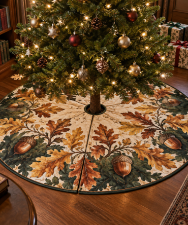 Acorn & Oak Leaf Reading Nook Tree Skirt — Compact Christmas Tree Skirt For Cozy Spaces, Soft Felt, Decorative & Washable Holiday Accent