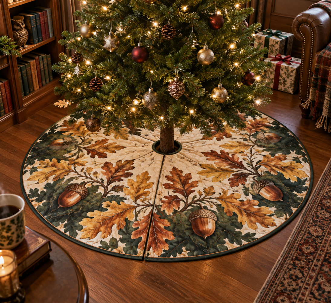 Acorn & Oak Leaf Reading Nook Tree Skirt — Compact Christmas Tree Skirt For Cozy Spaces, Soft Felt, Decorative & Washable Holiday Accent