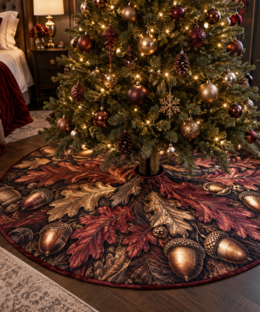 Cozy Acorn & Oak Leaf Holiday Tree Skirt — Bedroom-Friendly Christmas Skirt, Soft Felt, Compact & Machine-Washable, Stylish Seasonal Accent