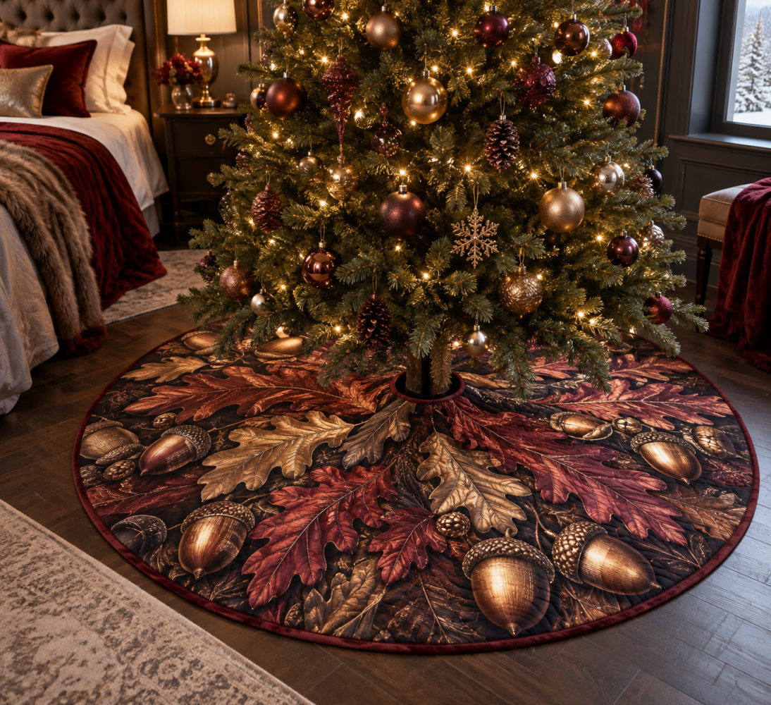 Cozy Acorn & Oak Leaf Holiday Tree Skirt — Bedroom-Friendly Christmas Skirt, Soft Felt, Compact & Machine-Washable, Stylish Seasonal Accent