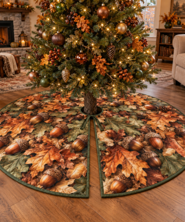 Rustic Acorn & Oak Leaf Christmas Tree Skirt — Premium Holiday Tree Skirt For Living Rooms, Soft Felt, Machine-Washable 48"