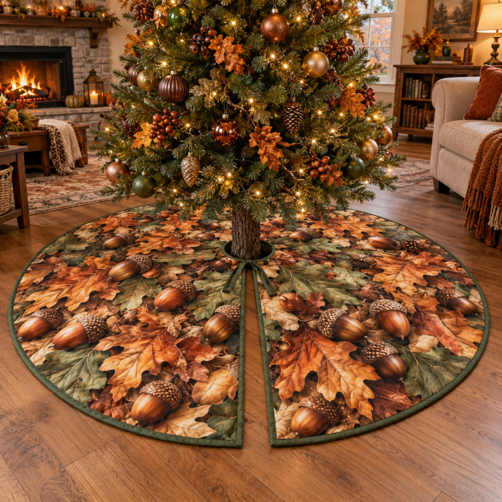 Rustic Acorn & Oak Leaf Christmas Tree Skirt — Premium Holiday Tree Skirt For Living Rooms, Soft Felt, Machine-Washable 48"