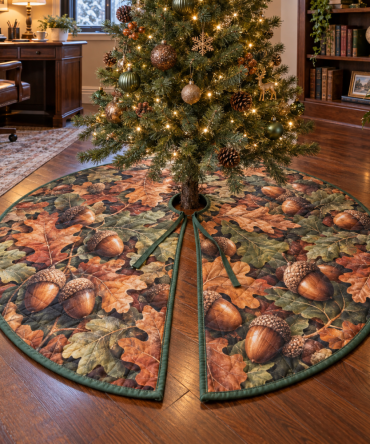 Home Office Acorns & Oak Leaves Tree Skirt — Subtle Quilted Holiday Accent For Desks, Shelves & Remote Work Spaces