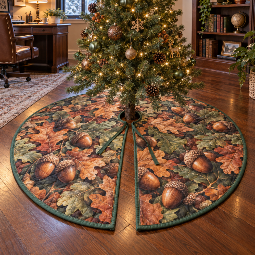 Home Office Acorns & Oak Leaves Tree Skirt — Subtle Quilted Holiday Accent For Desks, Shelves & Remote Work Spaces