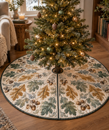 Quiet Corner Acorns & Oak Leaves Tree Skirt — Petite Quilted Holiday Mat For Intimate Spaces, Nooks & Small Trees