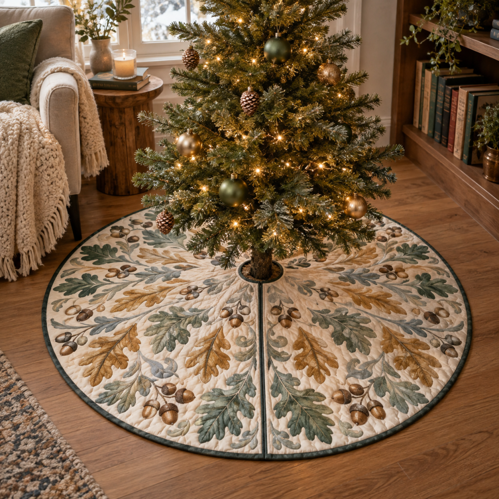 Quiet Corner Acorns & Oak Leaves Tree Skirt — Petite Quilted Holiday Mat For Intimate Spaces, Nooks & Small Trees