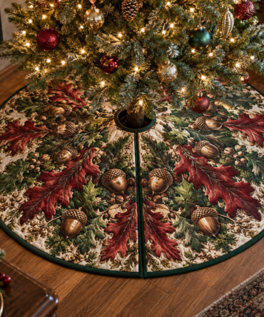 Collector Acorns & Oak Leaves Gift Tree Skirt — Heirloom Quilted Holiday Base For Collectors, Keepsakes & Special Occasions