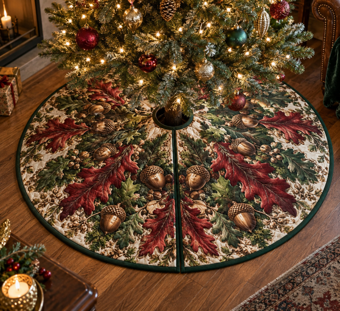 Collector Acorns & Oak Leaves Gift Tree Skirt — Heirloom Quilted Holiday Base For Collectors, Keepsakes & Special Occasions