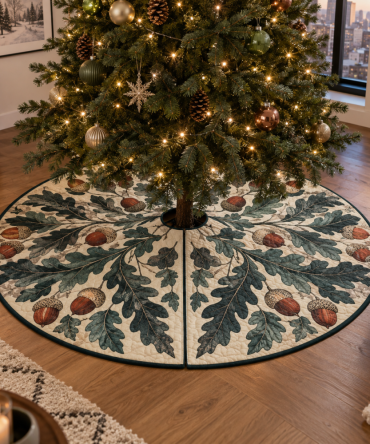 Gallery Wall Acorns & Oak Leaves Tree Skirt — Curated Quilted Base For Artful Holiday Displays & Wall-Focused Rooms