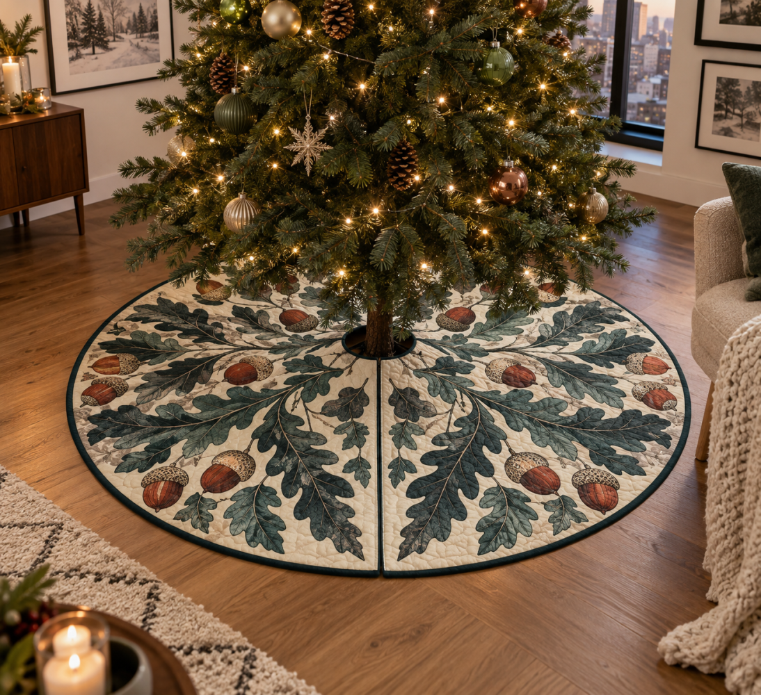 Gallery Wall Acorns & Oak Leaves Tree Skirt — Curated Quilted Base For Artful Holiday Displays & Wall-Focused Rooms