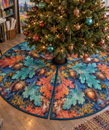 Studio Acorns & Oak Leaves Tree Skirt — Chic Quilted Holiday Accent For Creative Spaces, Photo Sets & Art Studios