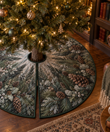 Reading Nook Pinecones & Needles Tree Skirt — Charming Quilted Base For Book Nooks, Libraries & Quiet Holiday Corners