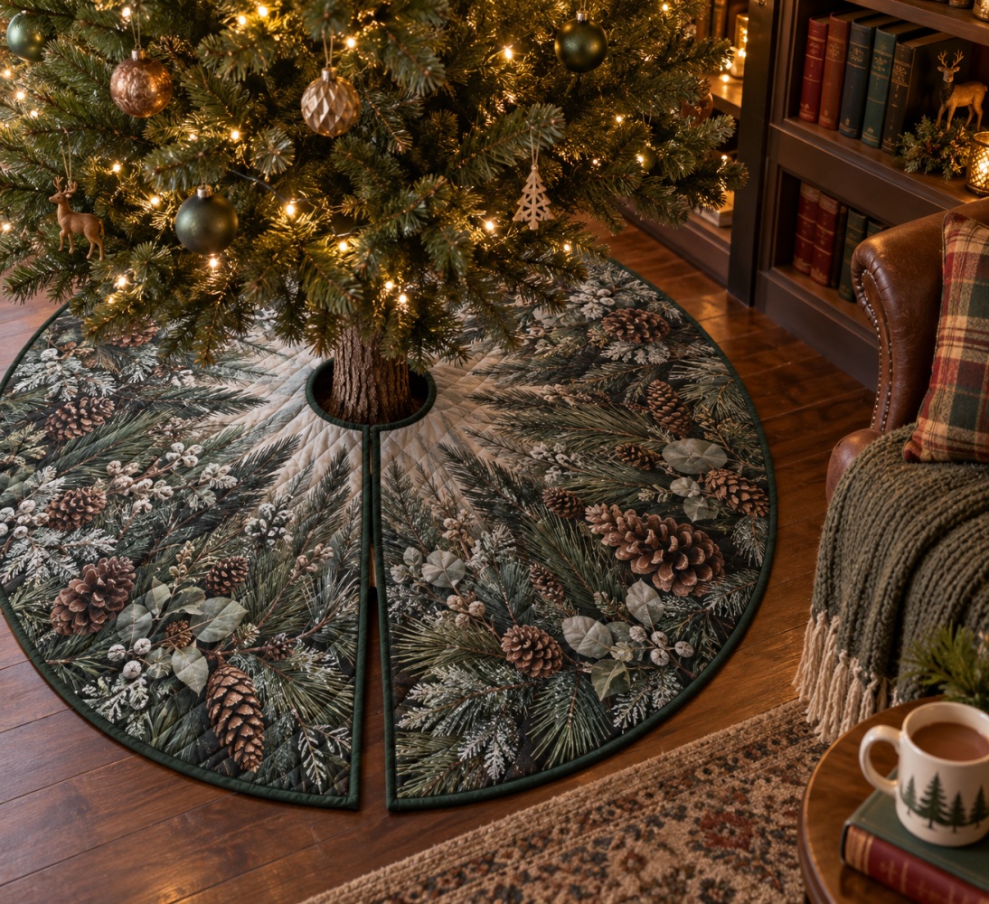 Reading Nook Pinecones & Needles Tree Skirt — Charming Quilted Base For Book Nooks, Libraries & Quiet Holiday Corners