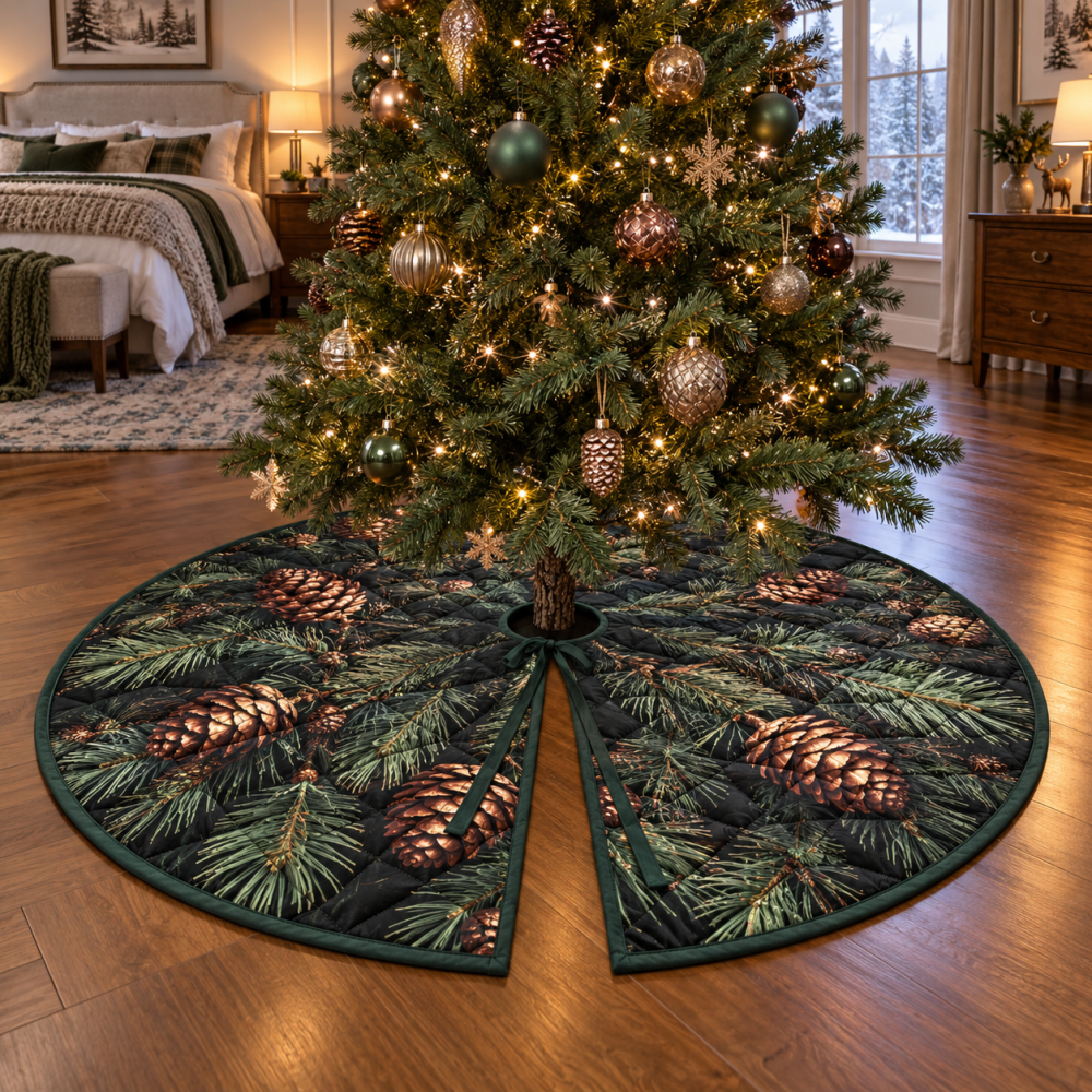 Bedroom Pinecones & Needles Tree Skirt — Soft Quilted Holiday Mat For Intimate Seasonal Ambience & Cozy Bedrooms