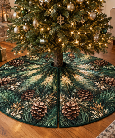 Living Room Pinecones & Needles Tree Skirt — Large Quilted Holiday Base For Festive Family Spaces & Statement Trees