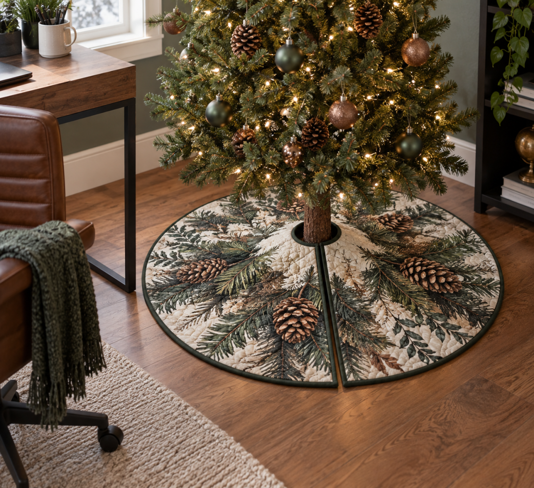 Home Office Pinecones & Needles Tree Skirt — Professional Holiday Décor For Desks, Studios & Work-From-Home Spaces