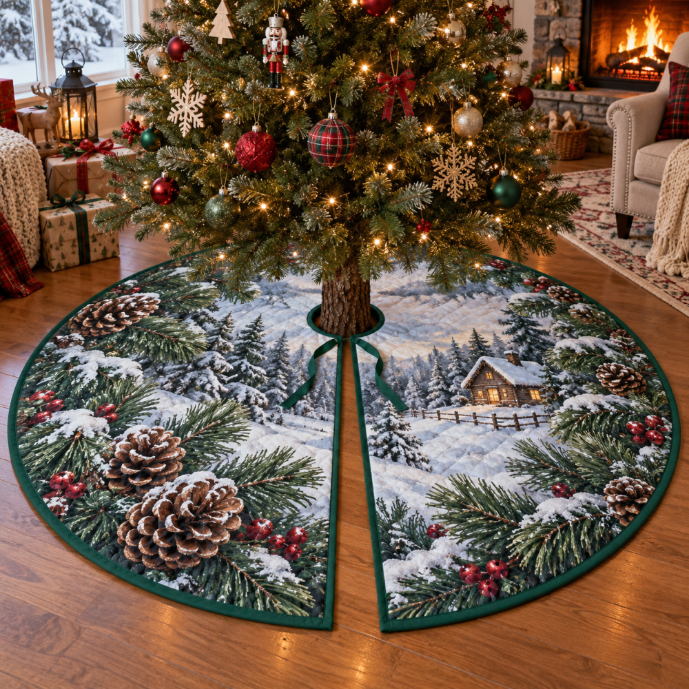Housewarming Pinecones & Needles Christmas Tree Skirt — Thoughtful Giftable Holiday Accent For New Homes & Celebrations