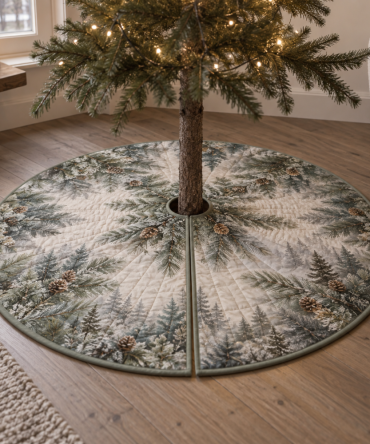 Cozy Corner Pinecones & Needles Tree Skirt — Compact Quilted Holiday Mat For Small Spaces, Reading Nooks & Quiet Rooms