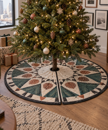 Premium Pinecones & Needles Quilted Christmas Tree Skirt — Rustic Evergreen Holiday Décor, Reversible & Gift-Ready