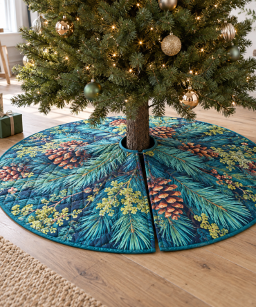 Pinecones & Needles Studio Christmas Tree Skirt - Durable Rustic Tree Base Cover, 46-Inch, Woodland Print For Creative Spaces