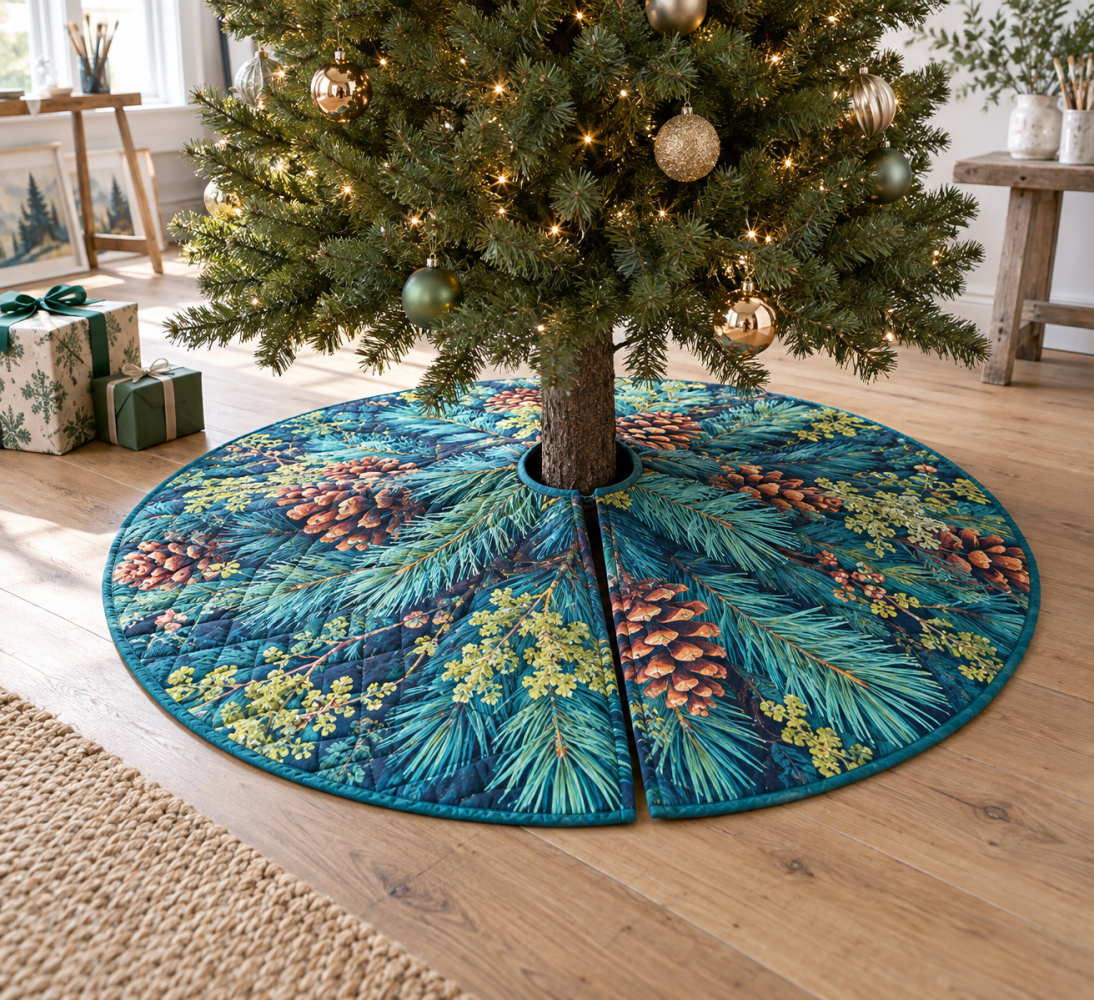 Pinecones & Needles Studio Christmas Tree Skirt - Durable Rustic Tree Base Cover, 46-Inch, Woodland Print For Creative Spaces