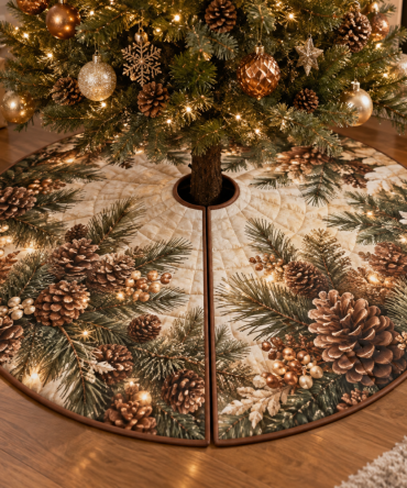 Pinecones & Needles Host Gift Christmas Tree Skirt - Rustic Holiday Base Cover, 50-Inch, Pinecone Print, Ready-To-Gift For Entertaining