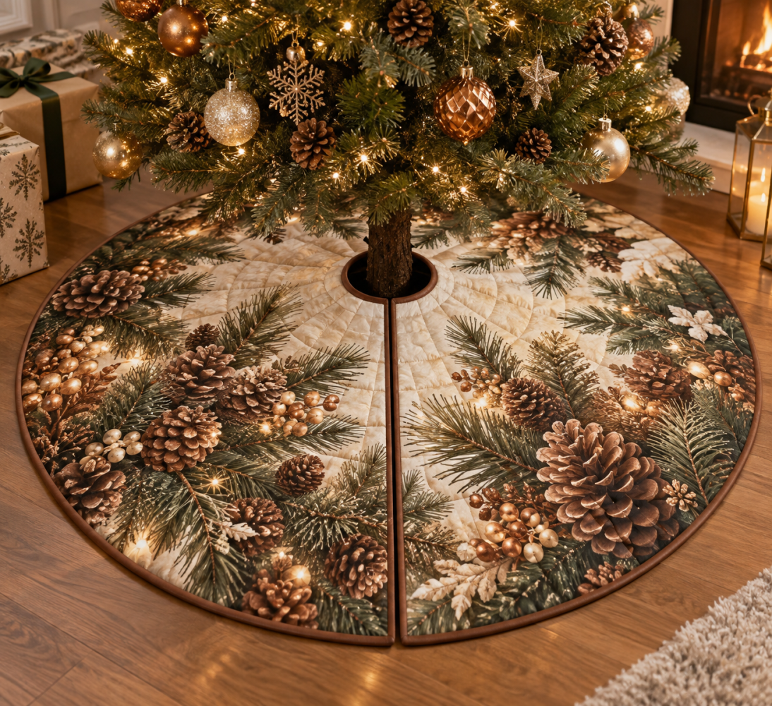 Pinecones & Needles Host Gift Christmas Tree Skirt - Rustic Holiday Base Cover, 50-Inch, Pinecone Print, Ready-To-Gift For Entertaining