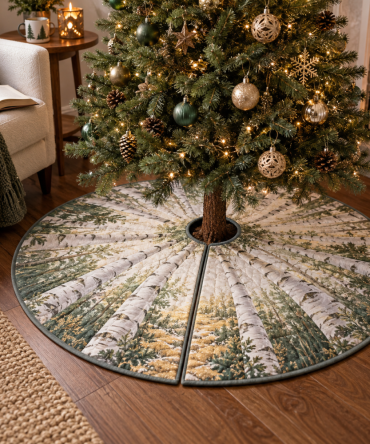 Birch Grove Reading Nook Holiday Tree Skirt - Compact 34-Inch Rustic Christmas Tree Base Cover, Cozy Accent For Intimate Spaces