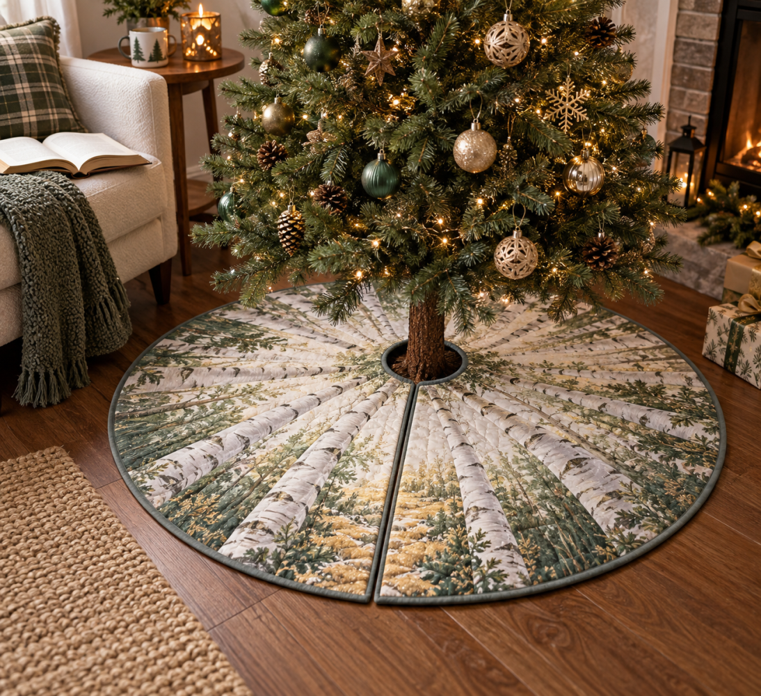 Birch Grove Reading Nook Holiday Tree Skirt - Compact 34-Inch Rustic Christmas Tree Base Cover, Cozy Accent For Intimate Spaces