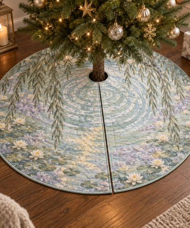 Willow Pond Quiet Corner Tree Skirt — Subtle Willow & Floral Christmas Accent For Small Spaces, Soft Palette, Easy Storage