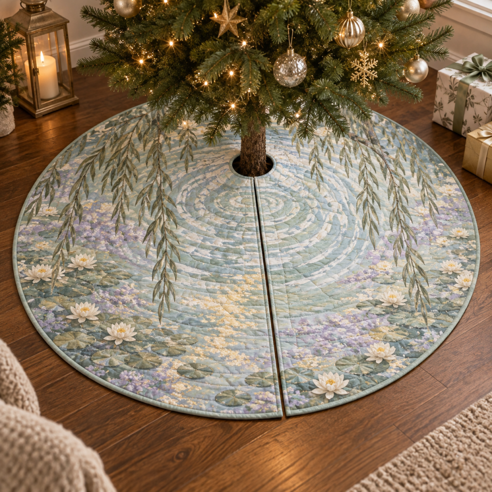 Willow Pond Quiet Corner Tree Skirt — Subtle Willow & Floral Christmas Accent For Small Spaces, Soft Palette, Easy Storage