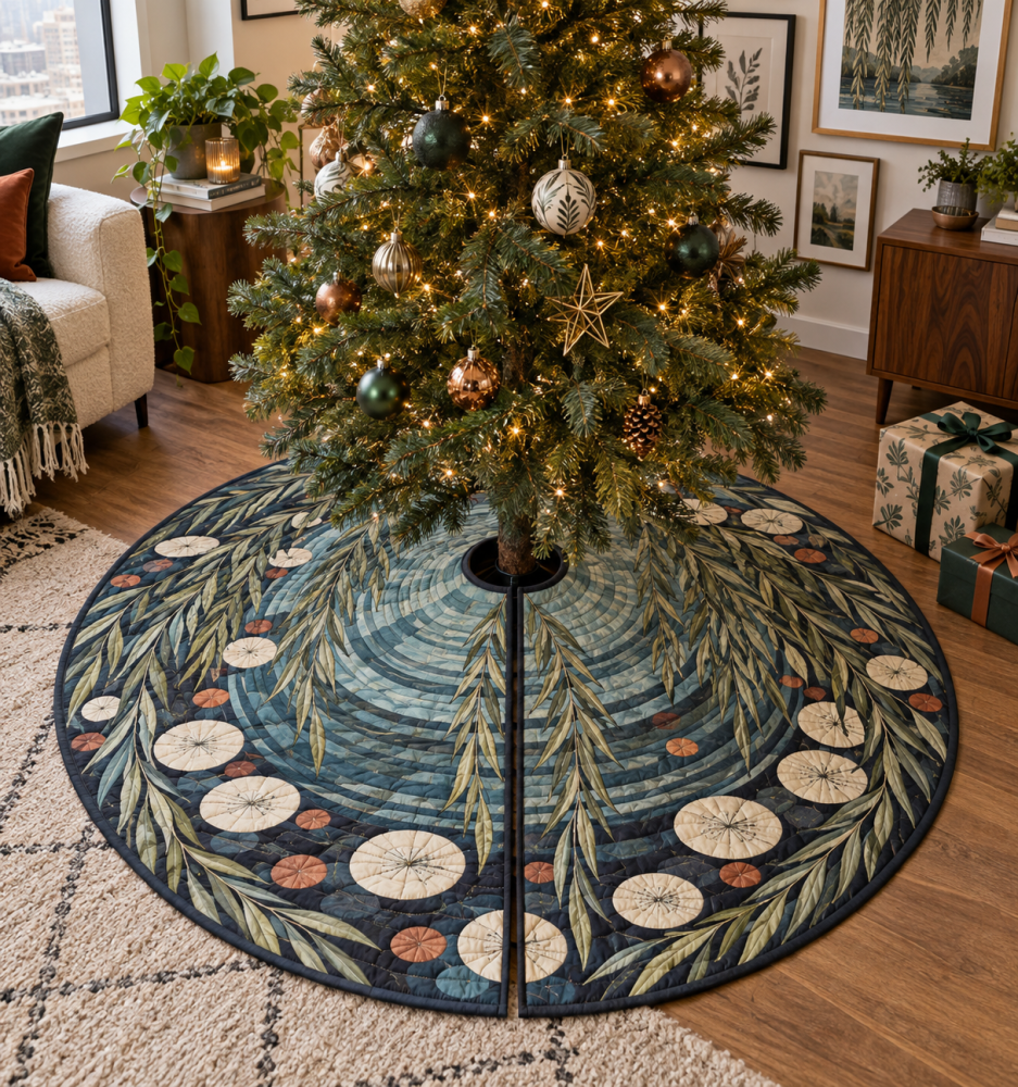 Willow Pond Gallery Christmas Tree Skirt — Artful Floral & Willow Design For Showcase Spaces, Premium Finish, Museum-Quality Look
