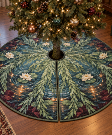 Willow Pond Host Gift Christmas Tree Skirt — Elegant Floral & Willow Holiday Mat, Gift-Ready Packaging, Durable & Machine Washable