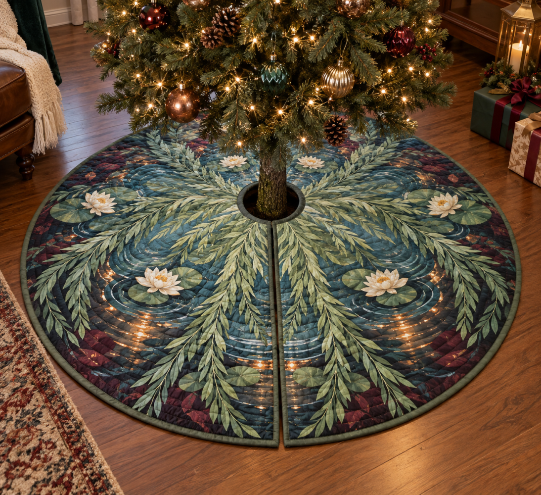 Willow Pond Host Gift Christmas Tree Skirt — Elegant Floral & Willow Holiday Mat, Gift-Ready Packaging, Durable & Machine Washable